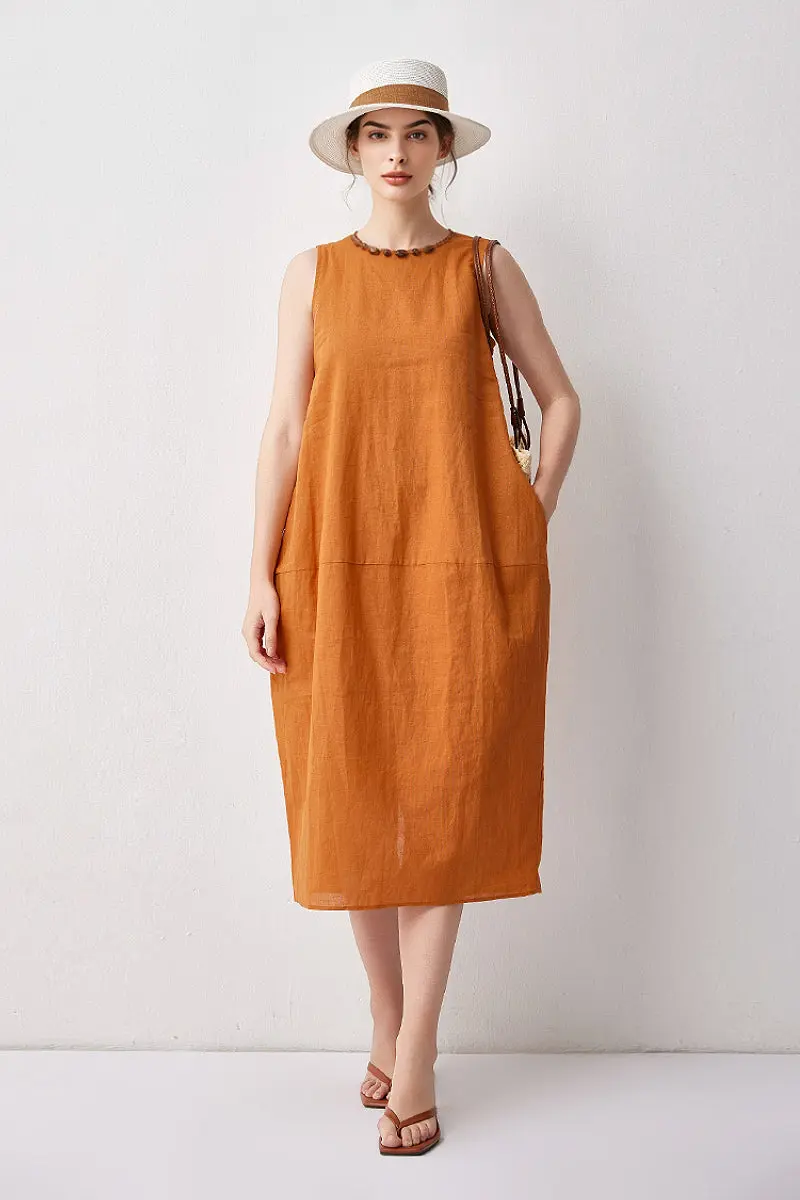 100 Linen Sleeveless Midi Dress With Back Slit - HBQMJX