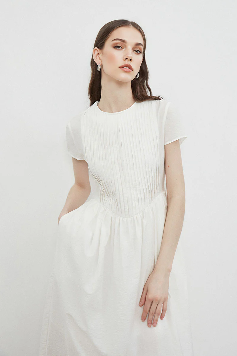 White Long-Staple Cotton Midi Dress with Front Pleat - HBQMJX