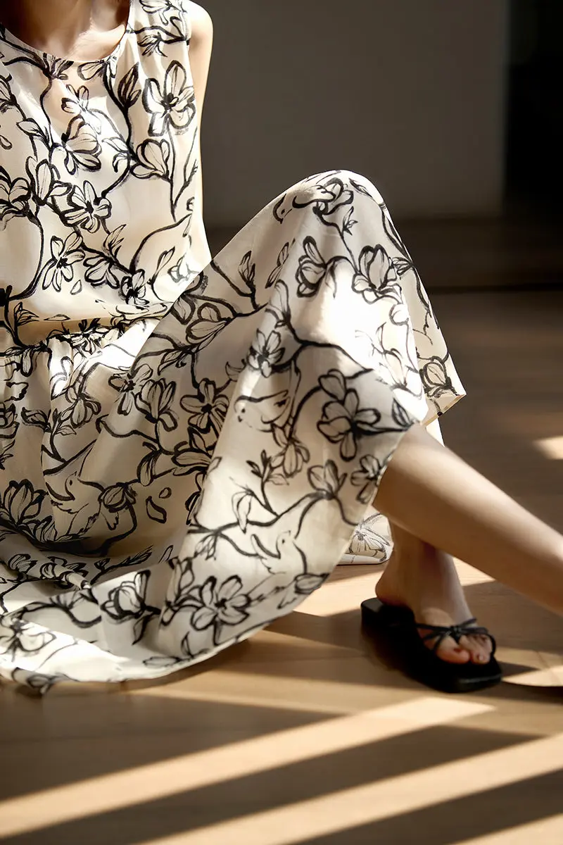 Linen Floral Sleeveless Midi Dress - HBQMJX