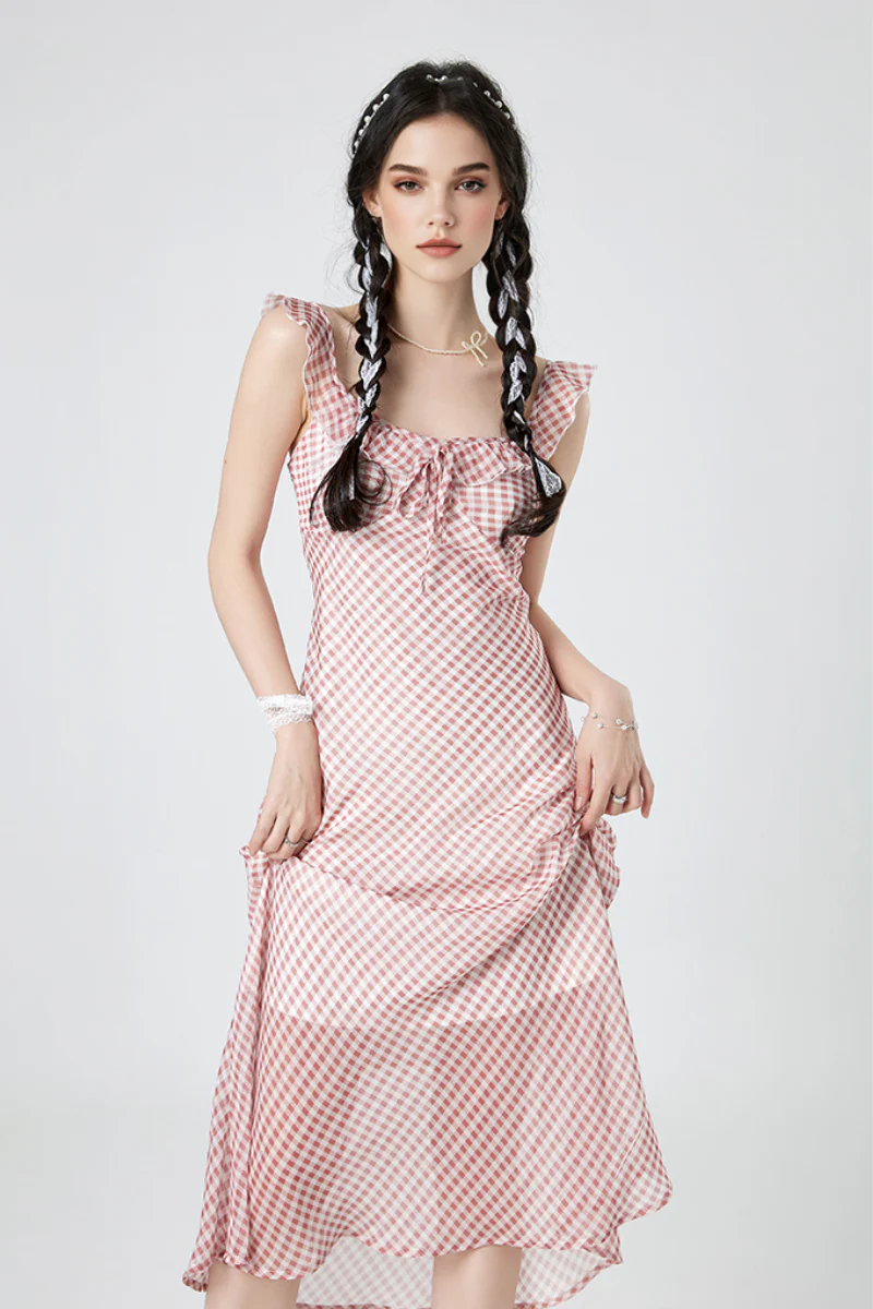 Picnic Gingham Tie-Front Ruffle-Neck Midi Dress - HBQMJX