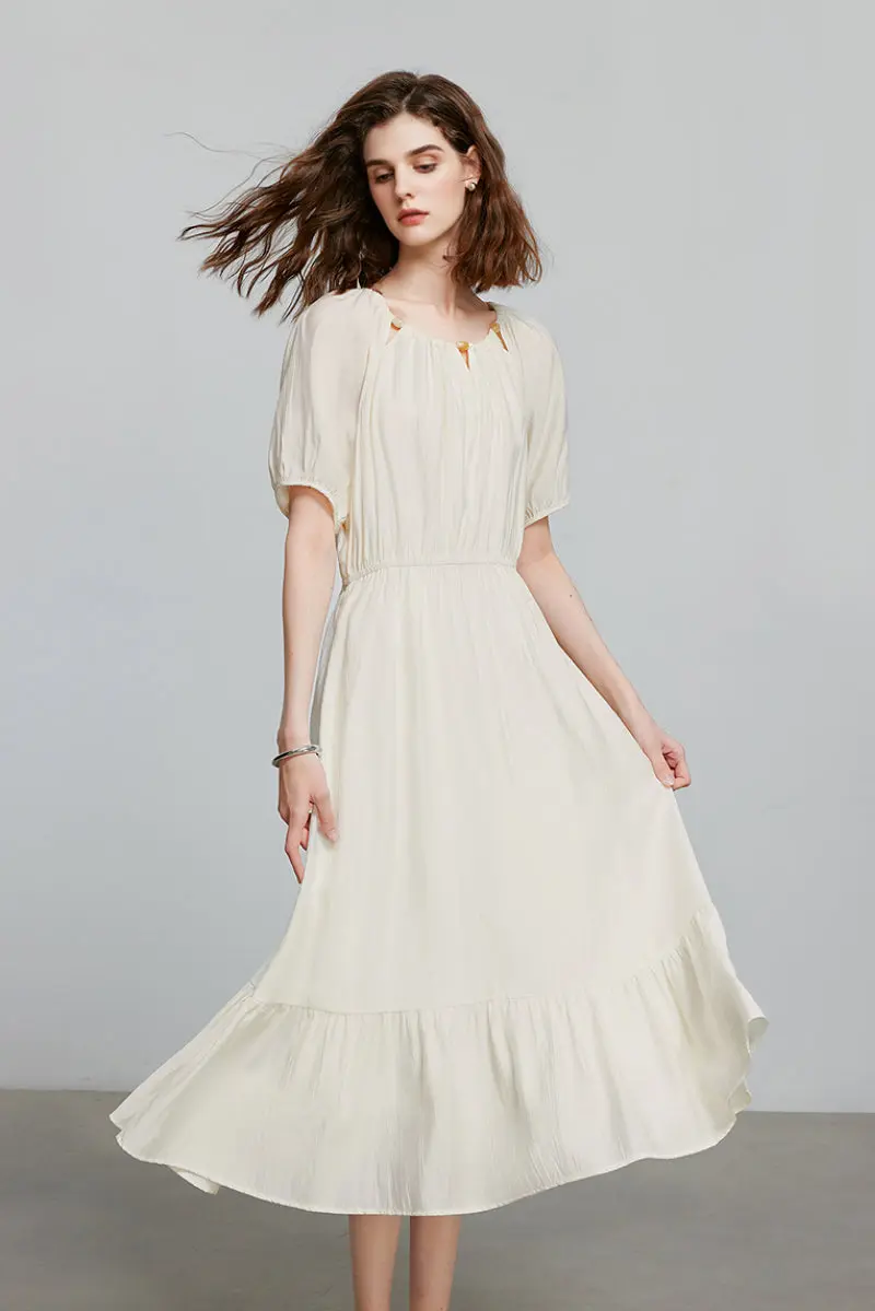 White Textured Vacation Midi Dress with Beaded Neckline - HBQMJX