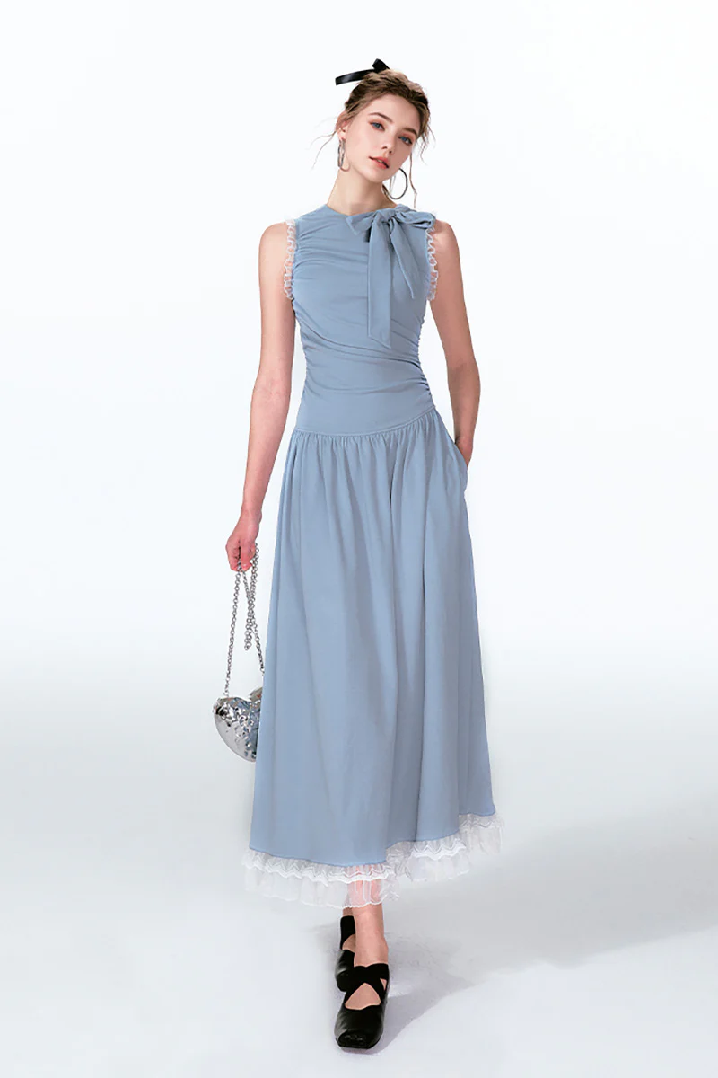 Blue Sleevelss Ruched Fit & Flare Maxi Dress with Bow & Lace - HBQMJX