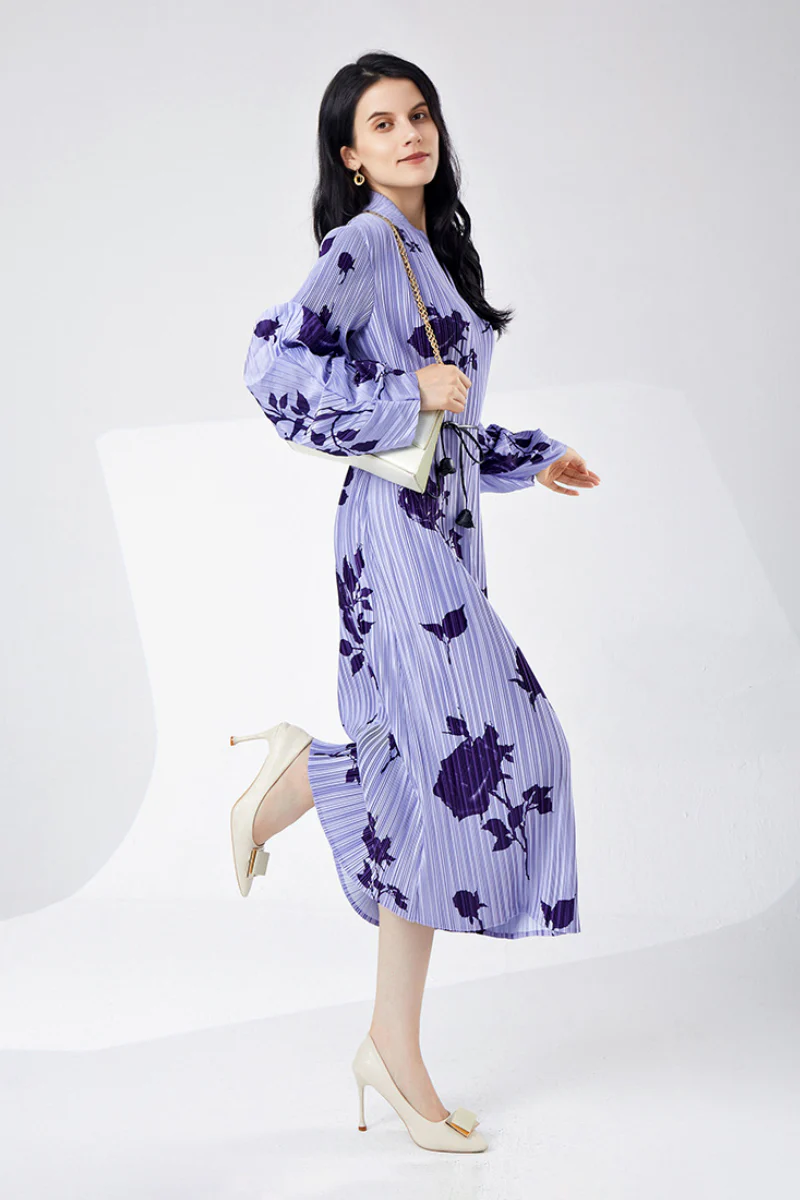 Designer Inspired Pleated Floral Long-Sleeve Midi Dress - HBQMJX