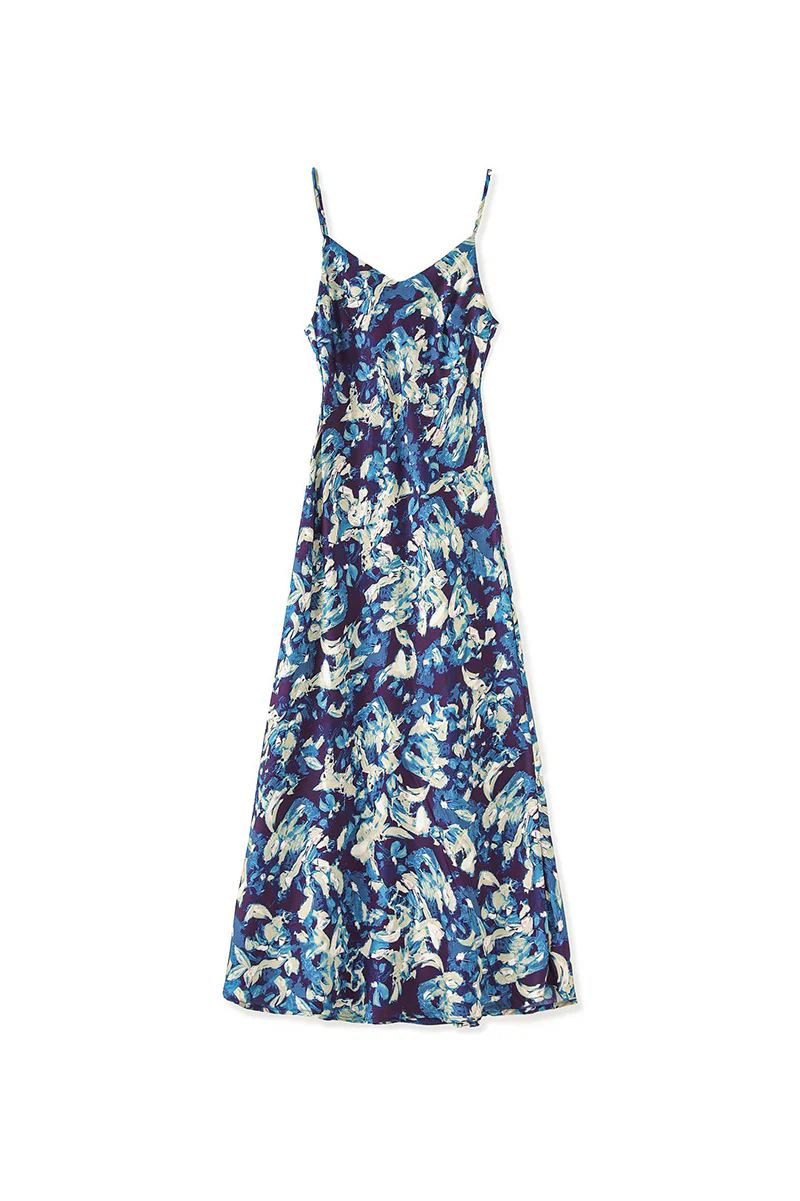 Satin Printed V-Neck Midi Slip Dress - HBQMJX