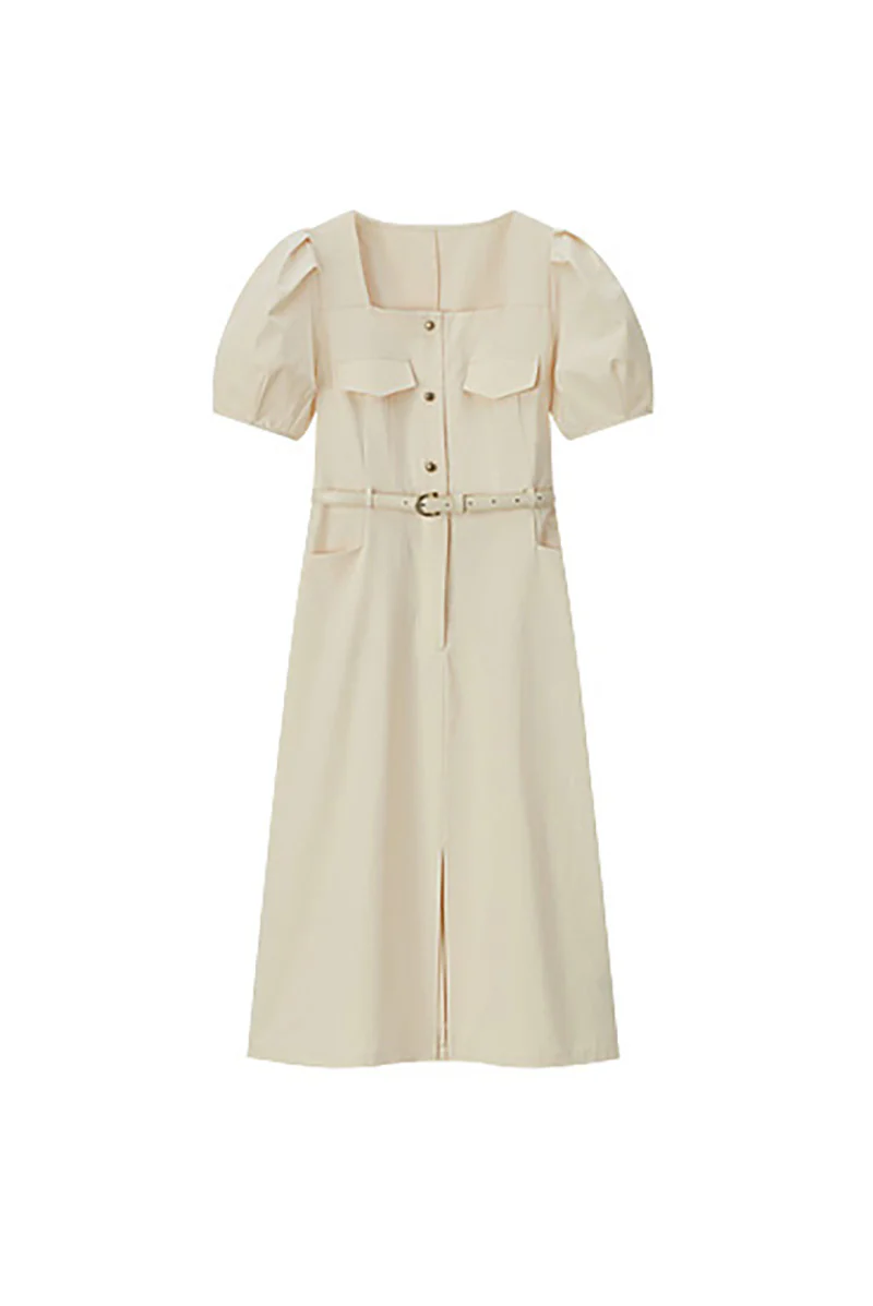 Ivory Cargo Square-Neck Belted Midi Dress - HBQMJX