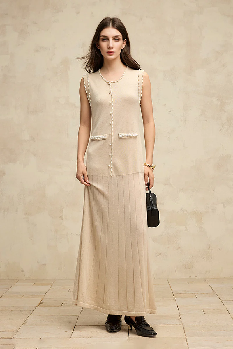 French Sleeveless Handmade Embellished Knit Midi Dress - HBQMJX