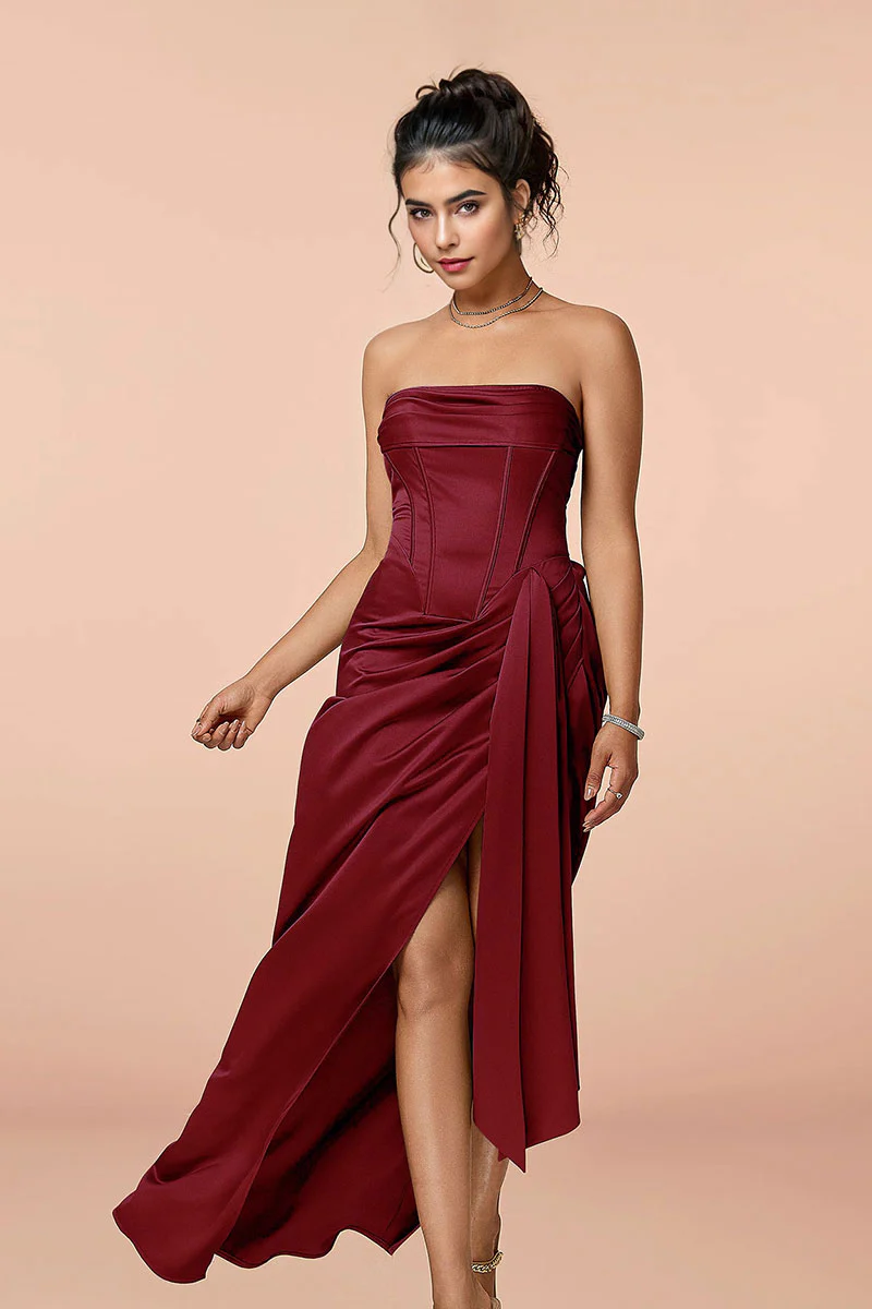Satin Strapless Corset Bodycon Maxi Dress with High Slit - HBQMJX