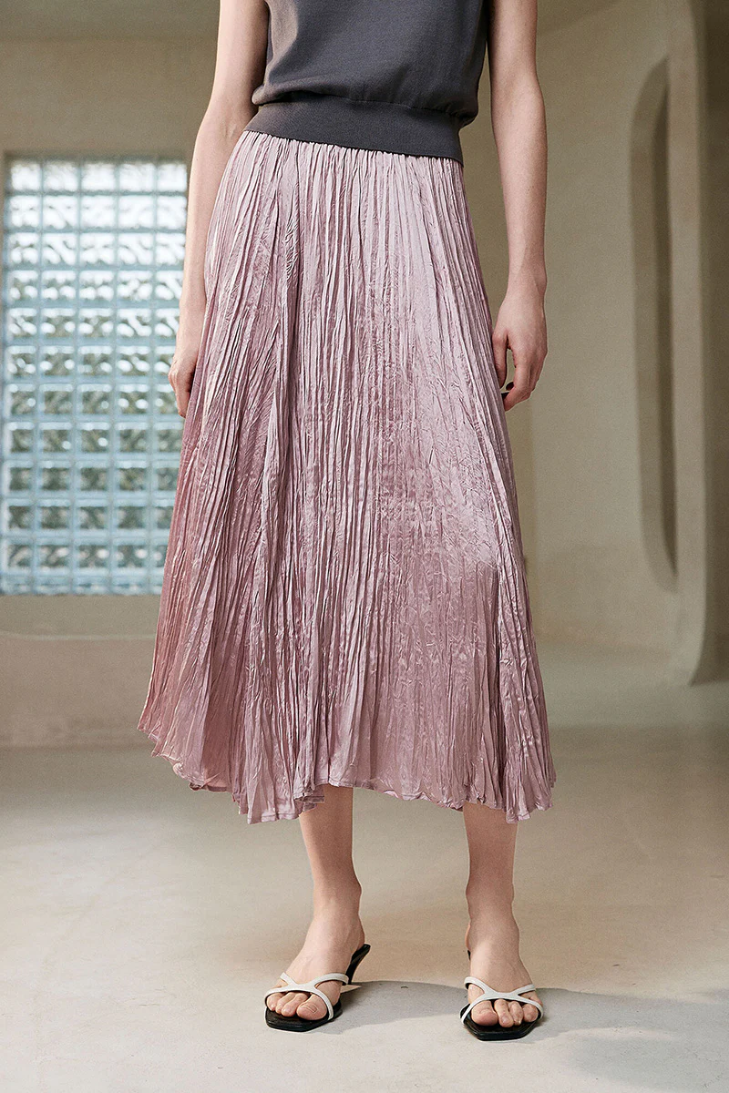 Flowy Crinkled A-line Midi Dress in Pink - HBQMJX