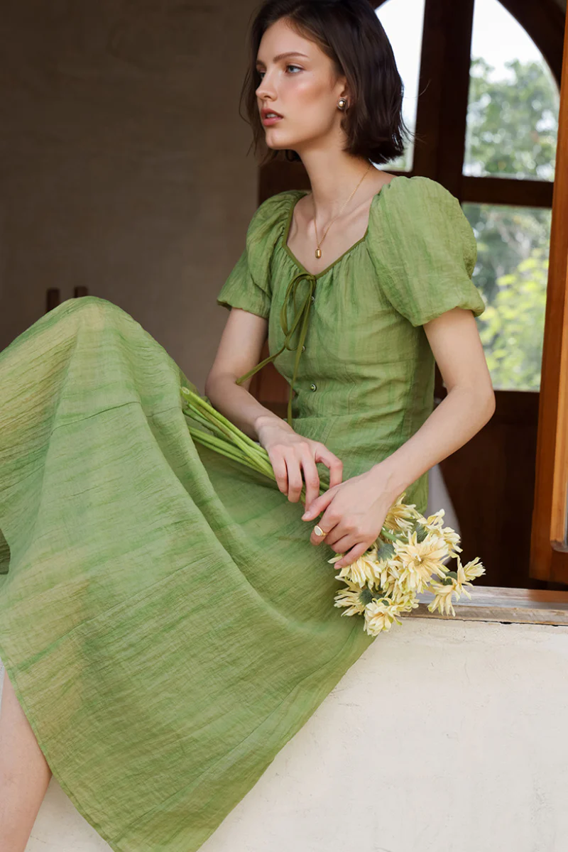 Olive Green Lyocell V-Neck Puff-Sleeve Midi Dress - HBQMJX