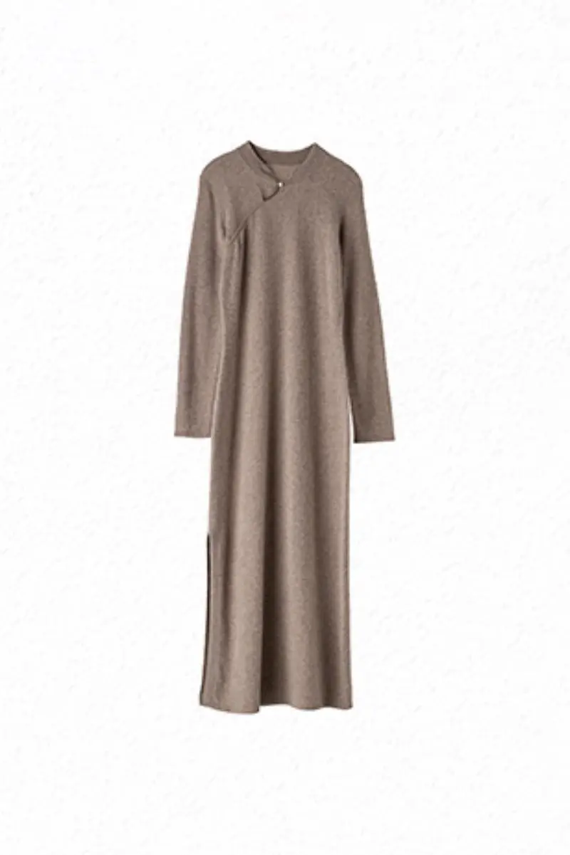 100 Cashmere Midi Sweater Dress with Mandarin-inspired Collar - HBQMJX