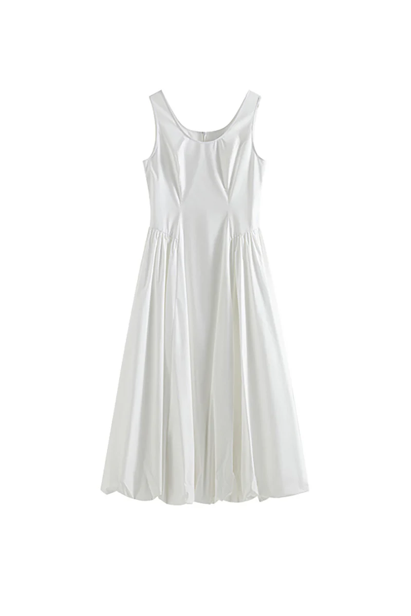 White 100 Cotton Sleeveless Scoop-Neck Bubble Midi Dress - HBQMJX