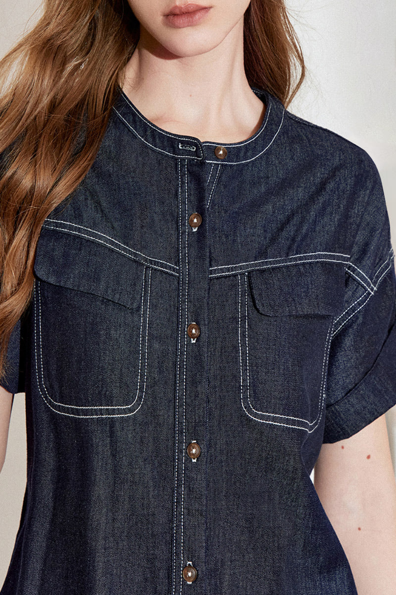 Denim Short-Sleeve Button-Up Belted Midi Shirt Dress with Back Slit - HBQMJX