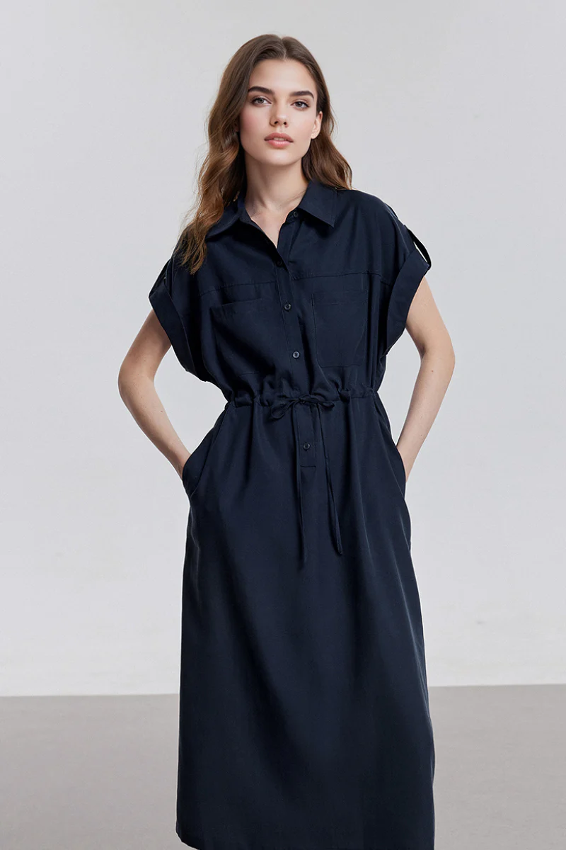 Blue Cap-Sleeve Shirt Midi Dress WIth Belt - HBQMJX