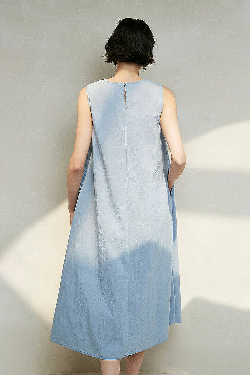 Causal Summer Pleat Textured Blue Tank Midi Dress - HBQMJX
