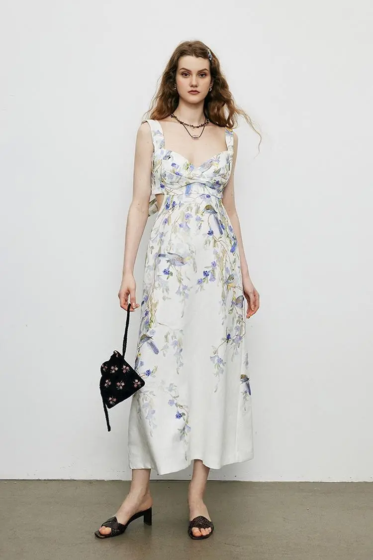 Backless Floral Linen Dress - HBQMJX