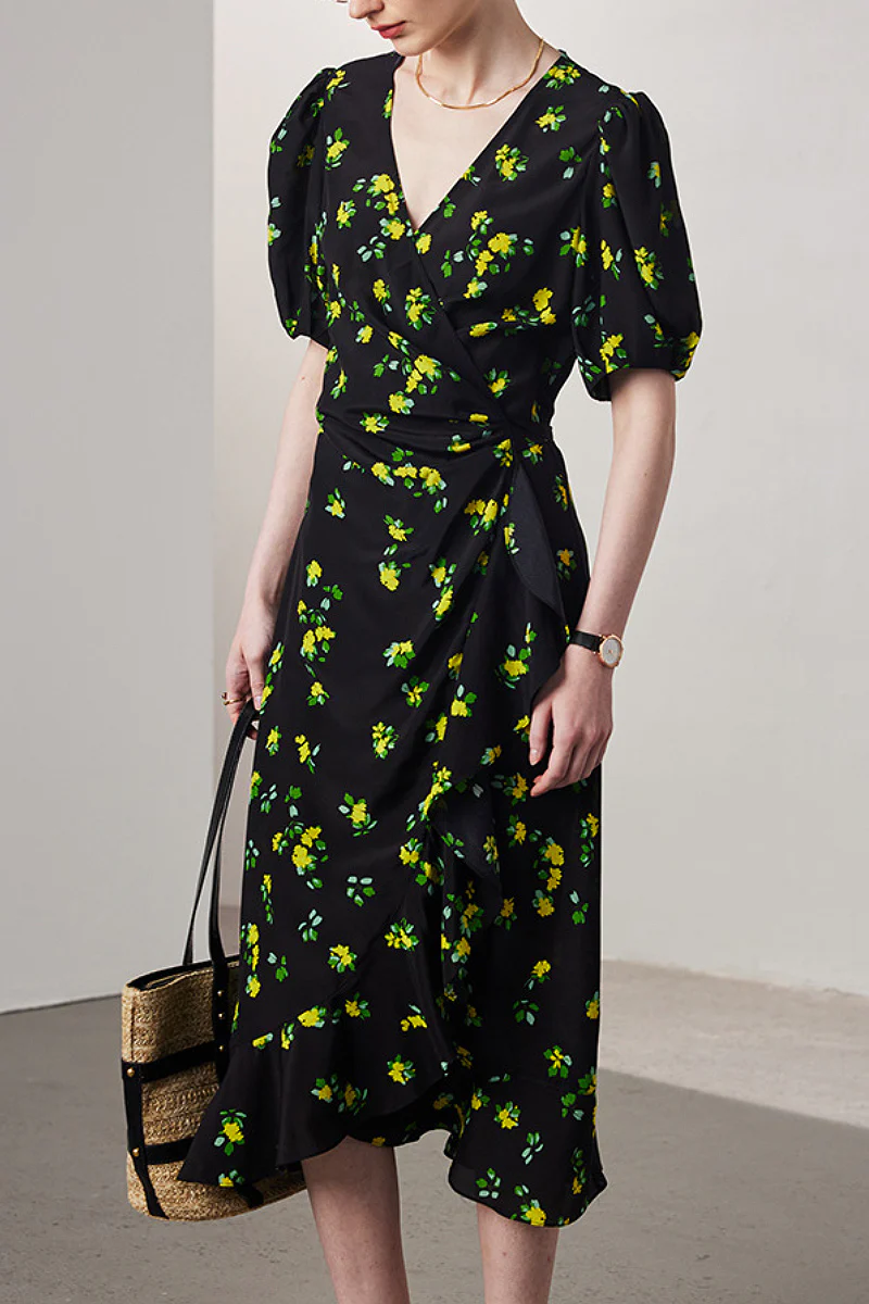 100 Mulberry Silk Floral Puff-Sleeve V-Neck Ruffle Wrap Midi Dress - HBQMJX