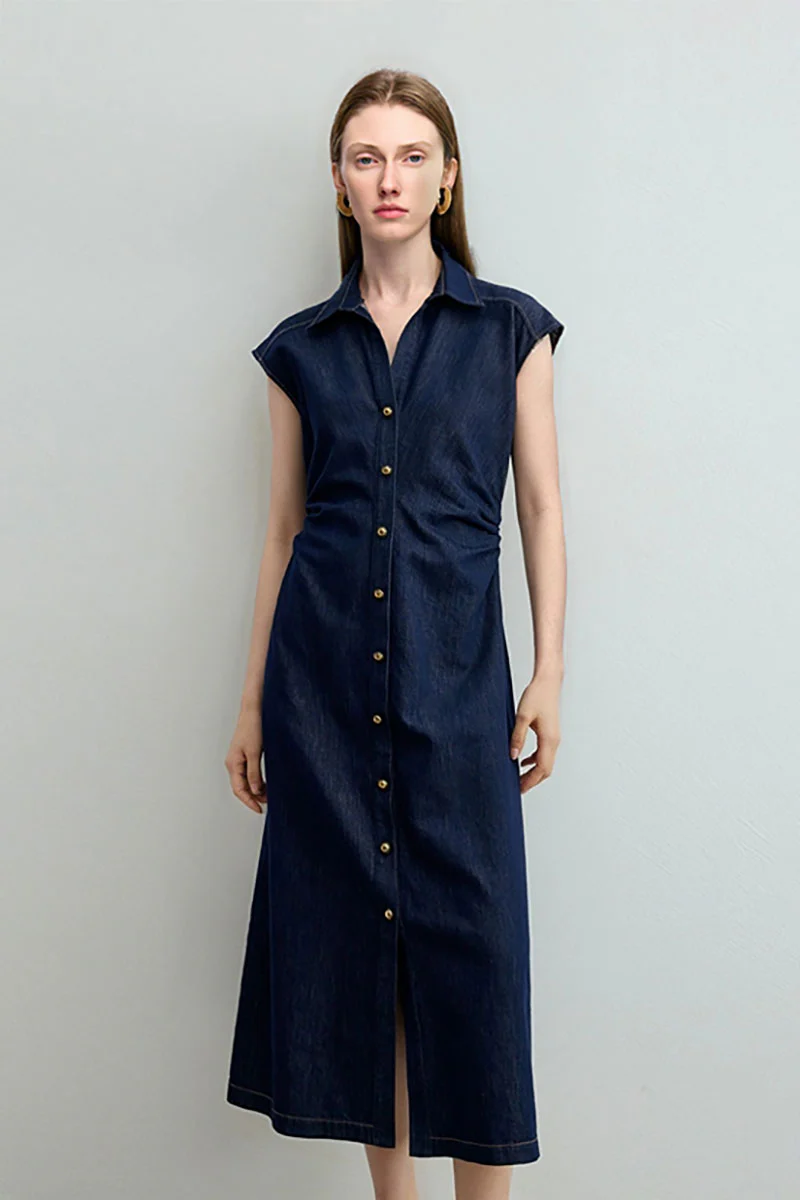 Tencel Denim Cap-Sleeve Button-Up Midi Shirt Dress with Ruched Waist - HBQMJX