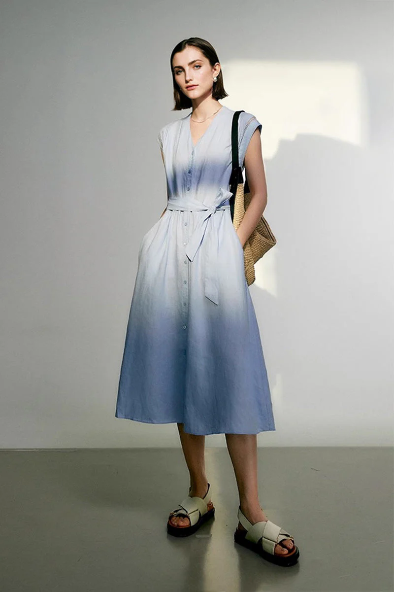 Baby Blue 100 Linen Cap-Sleeve Button-Front Belted Midi Dress - HBQMJX