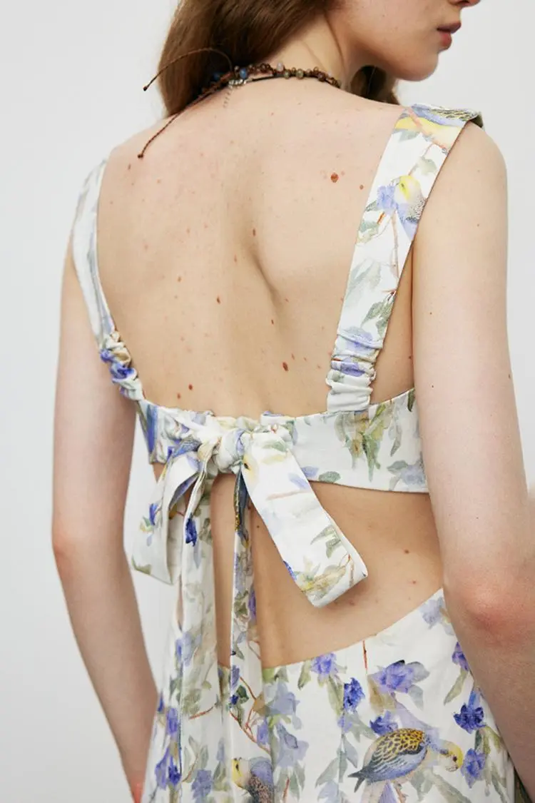 Backless Floral Linen Dress - HBQMJX