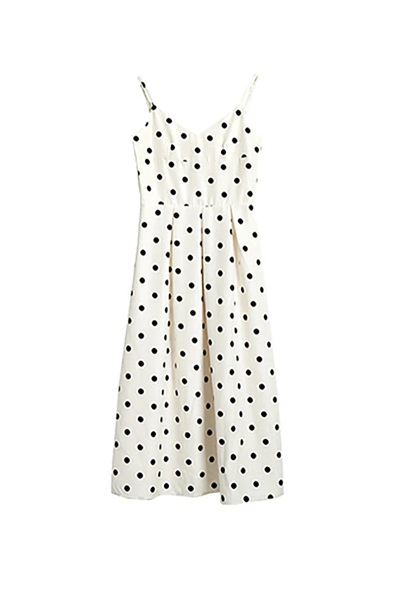 White Polka-Dot Spaghetti-Strap Midi Dress - HBQMJX