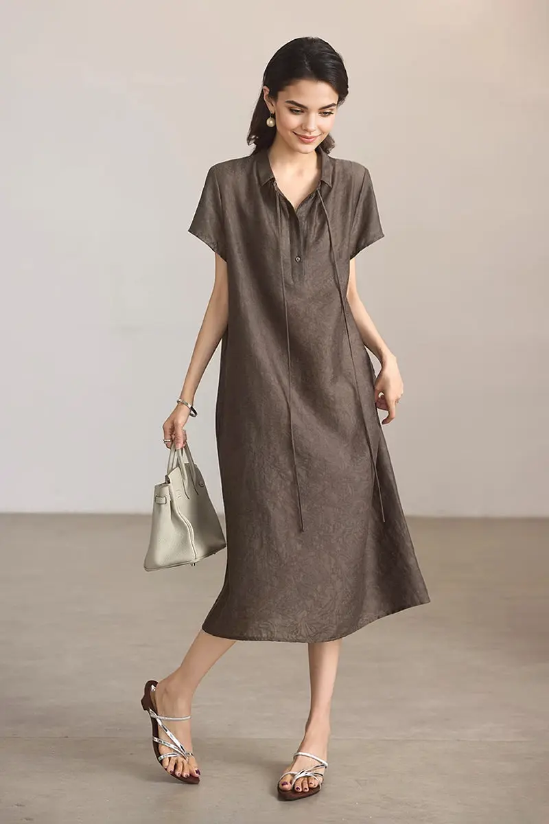 Linen-Blend Jacquard A-Line Shirt Dress in Grey - JIEEQQ