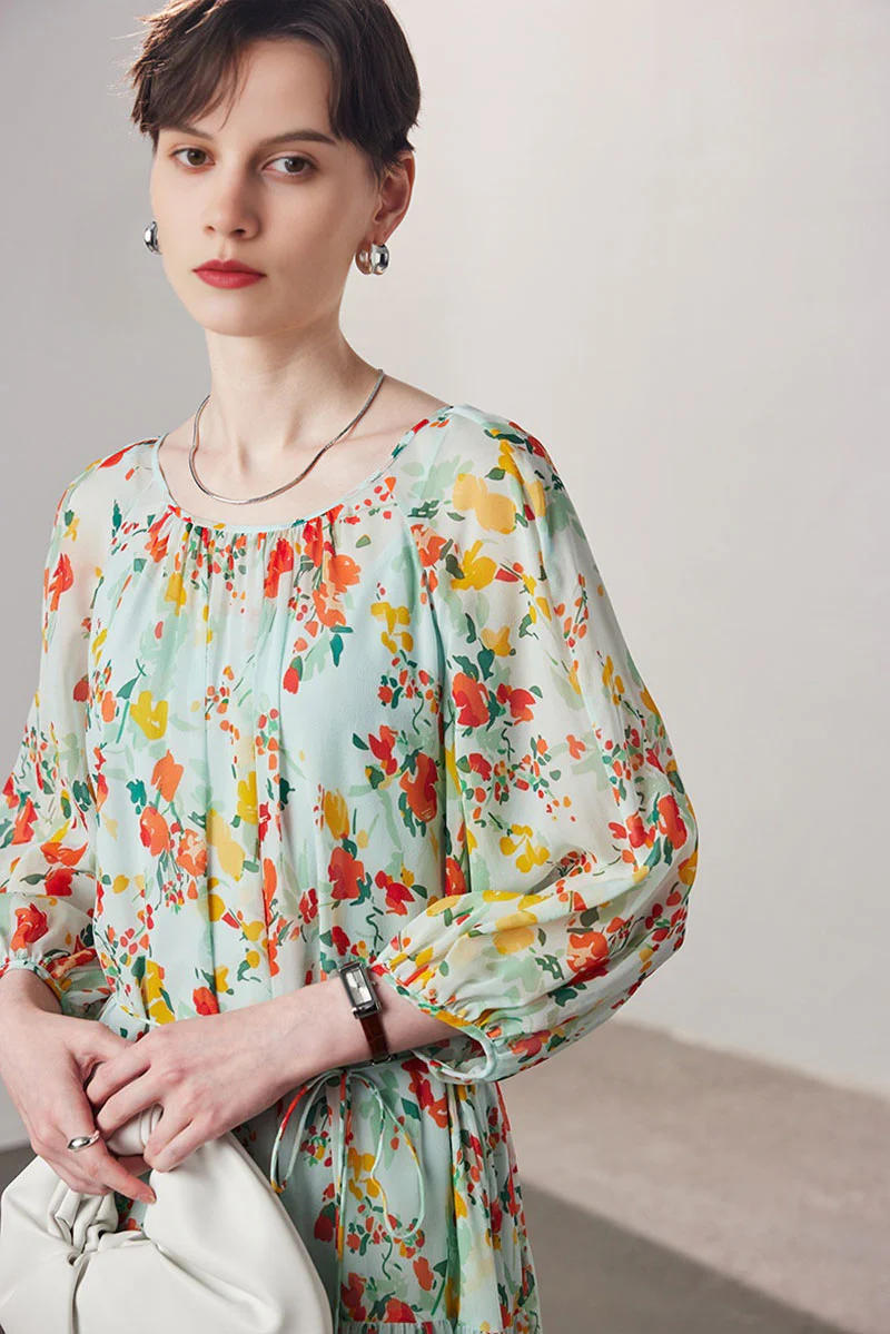 100 Mulberry Silk Floral  Balloon-Sleeve Drop Waist Midi Dress - HBQMJX