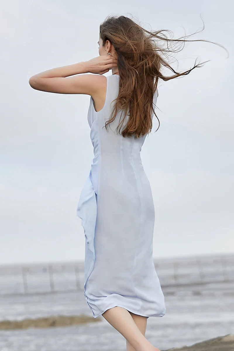 Light Blue Sleeveless Draped Midi Dress - HBQMJX