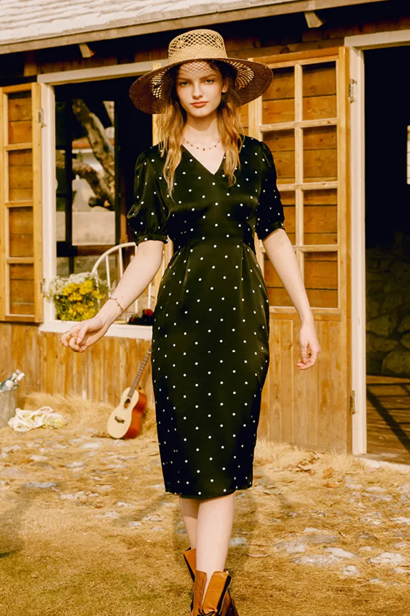 French-Inspired Silk  Crepe-Back Polka Dot Midi Dress in Black - HBQMJX