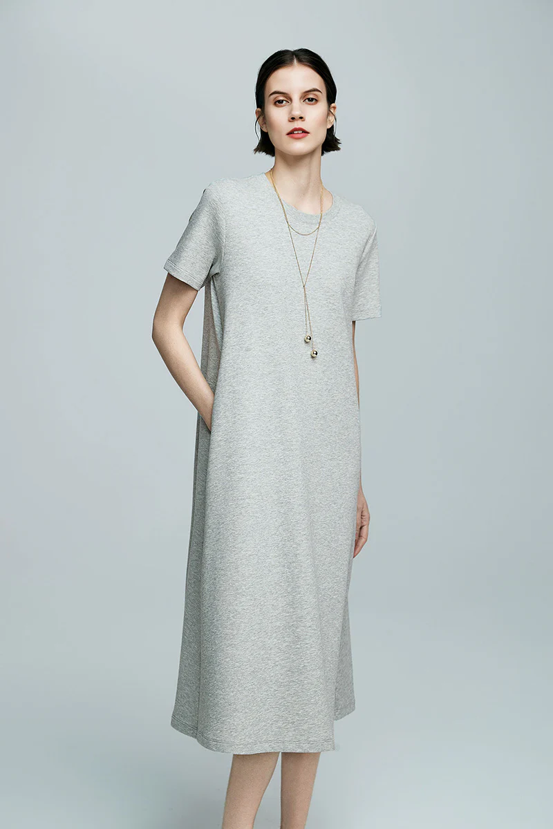 Grey Midi T-Shirt Dress with Pockets - JIEEQQ