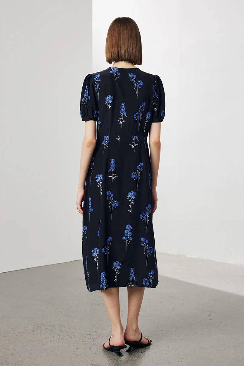 100 Mulberry Silk Floral Puff-Sleeve V-Neck Wrap Midi Dress - HBQMJX