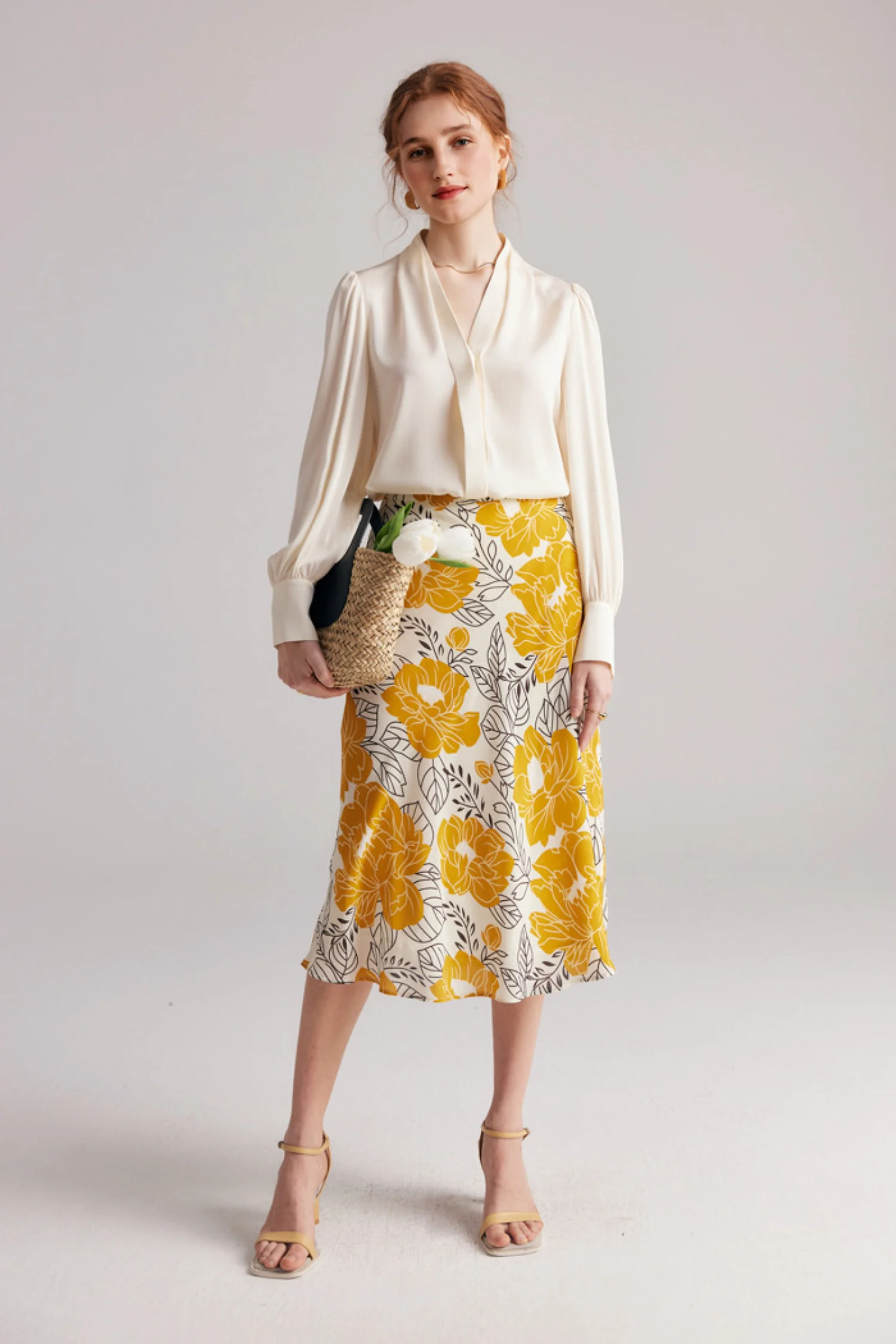 High Waisted A-Line Silk Floral Midi Skirt - HBQMJX