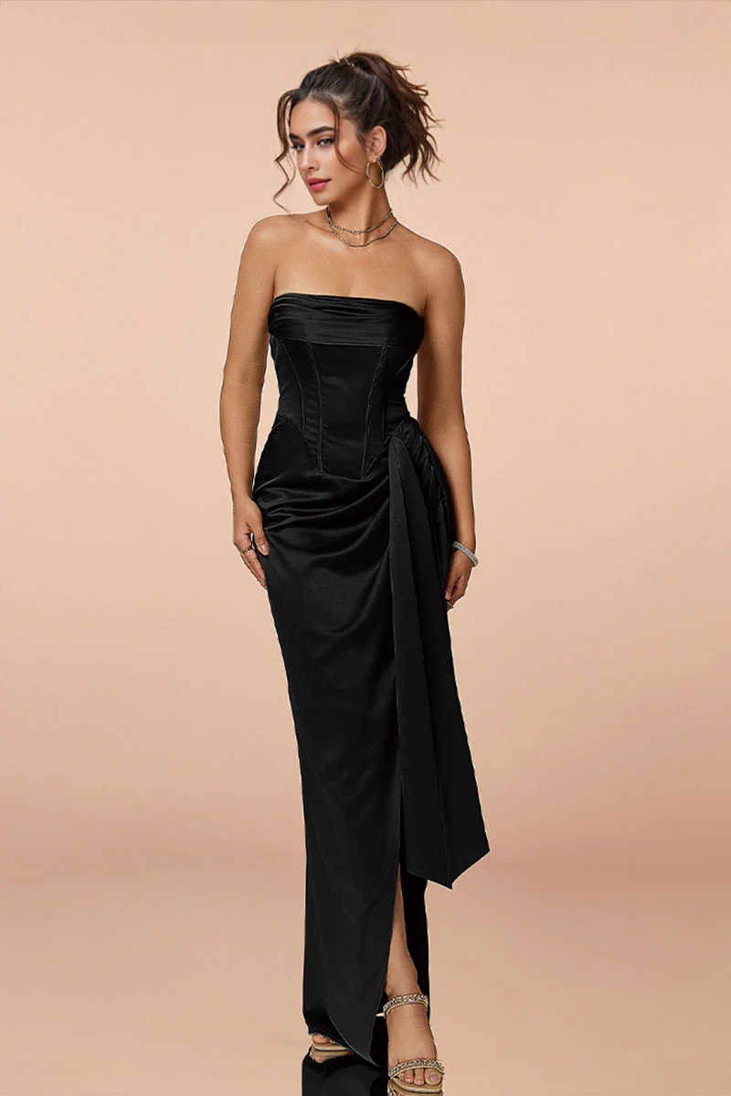 Satin Strapless Corset Bodycon Maxi Dress with High Slit - HBQMJX
