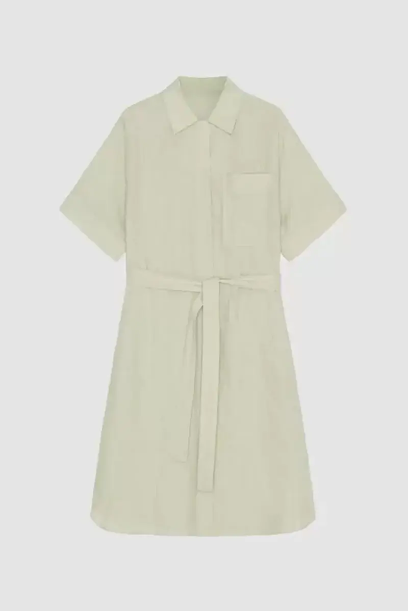 100% Linen Midi Shirt Dress With Belt - HBQMJX