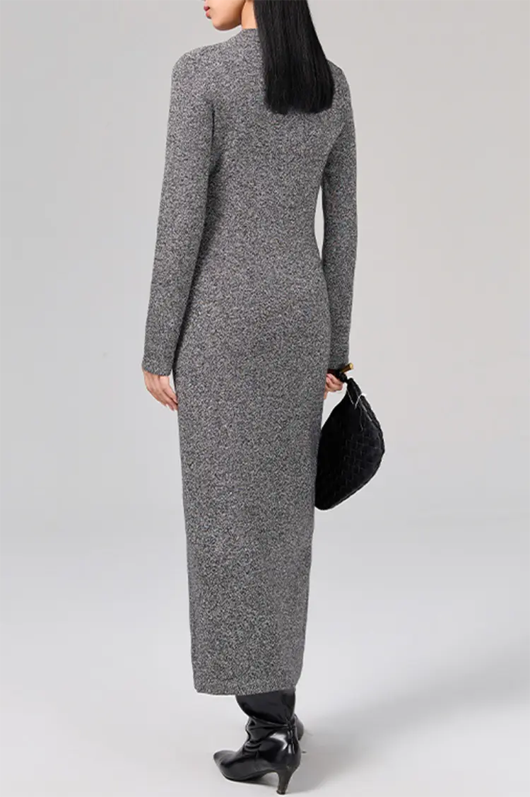 Slim Fit Long Sleeve Knit Wool Maxi Dress - HBQMJX