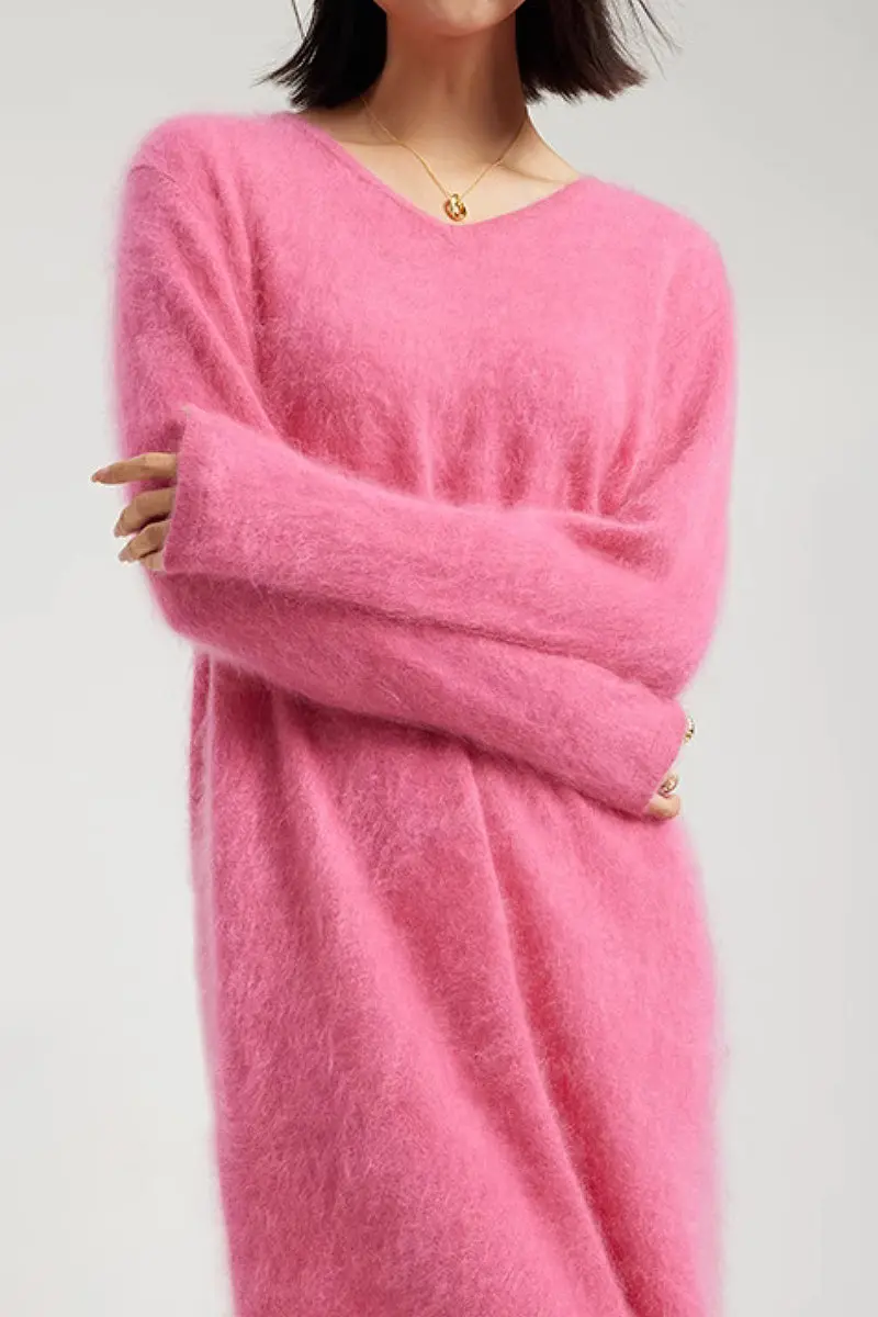 Classic Brushed Cashmere V-Neck Long Sleeve Sweater Dress - HBQMJX