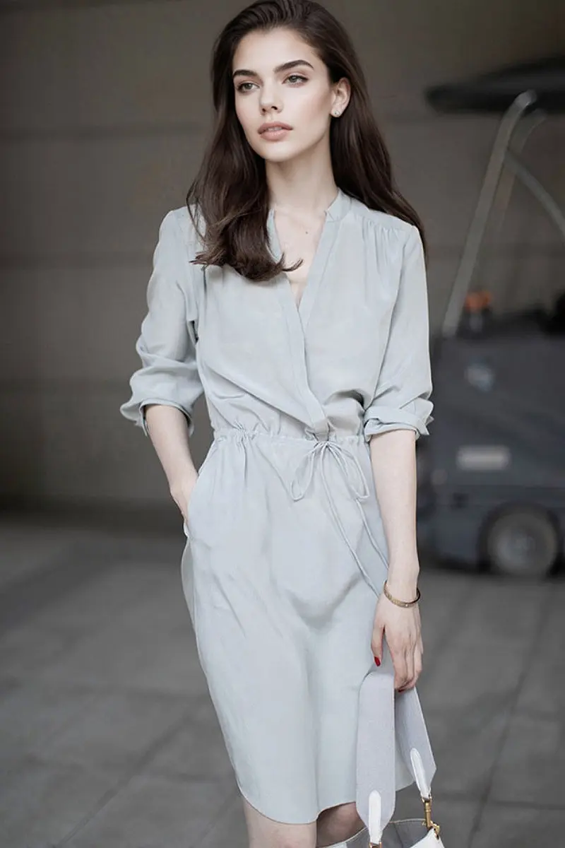 19 MM Silk Elbow-Sleeve Drawstring Waist Midi Dress - HBQMJX