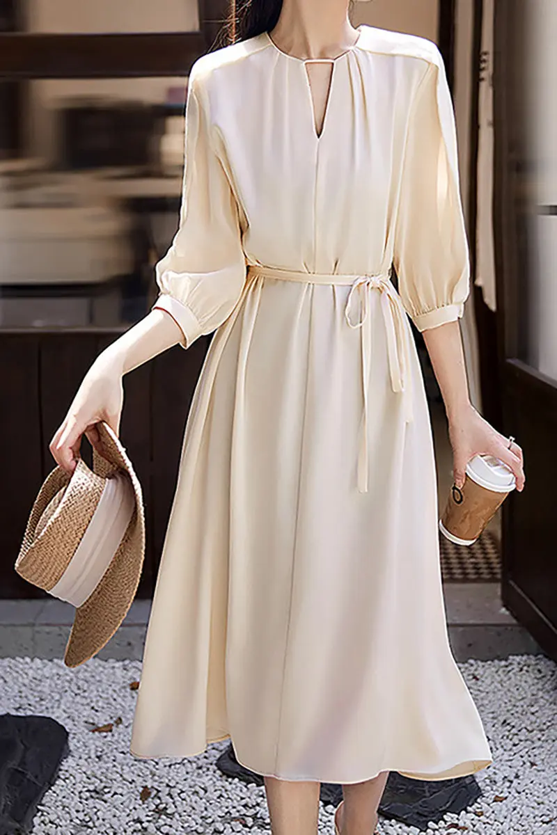 Triacetate Belted 3/4 Sleeve Keyhole Midi Dress - HBQMJX