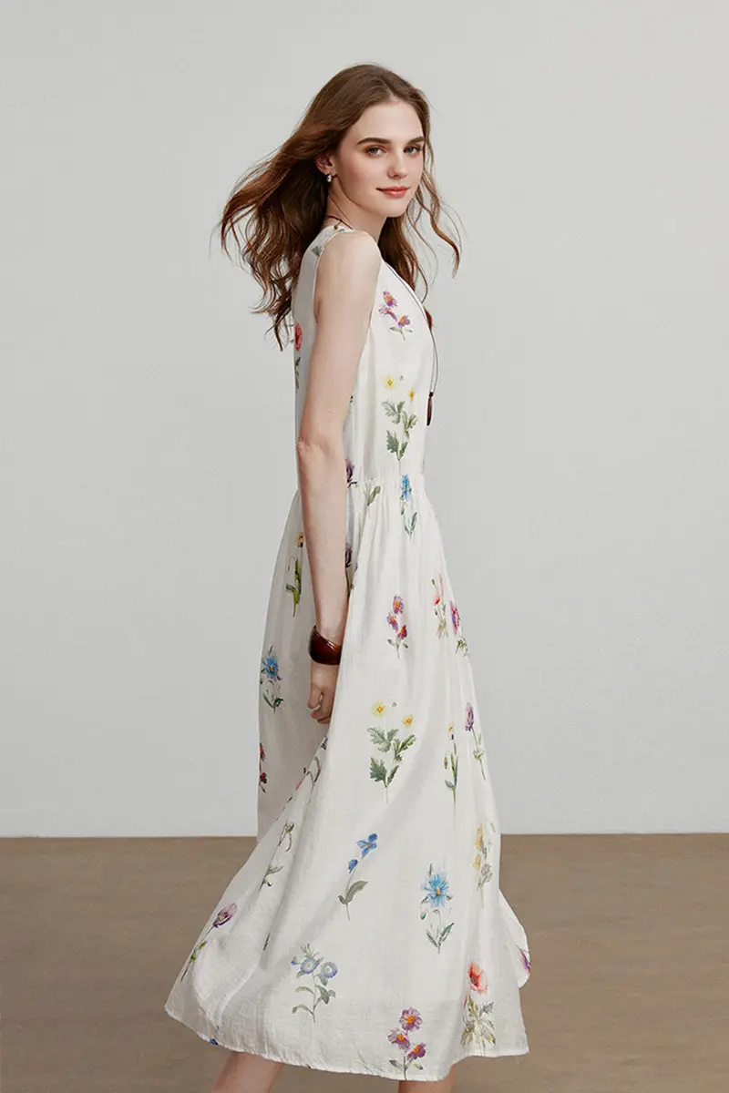 White Floral Linen Sleeveless Fit & Flare Midi Dress - HBQMJX