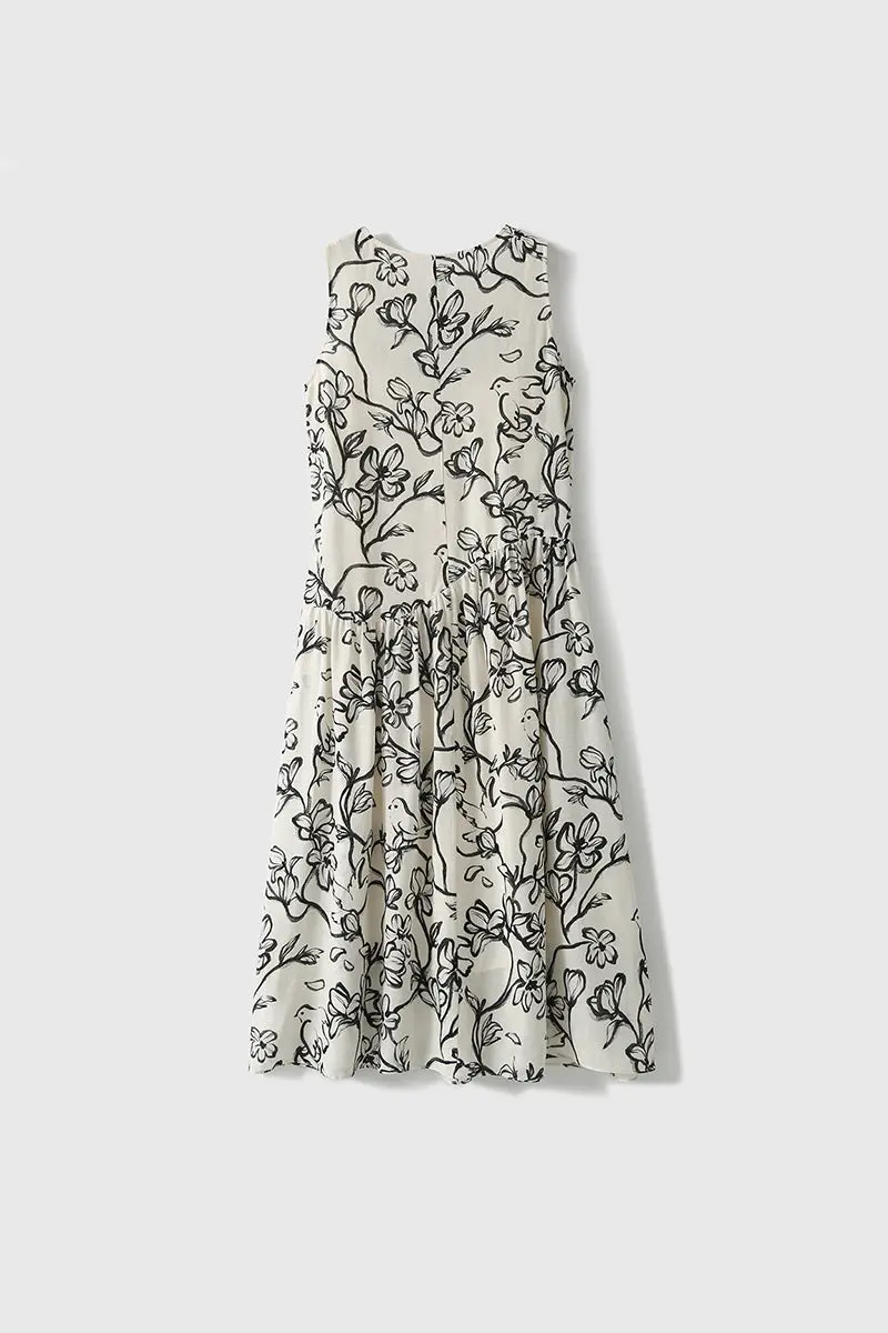 Linen Floral Sleeveless Midi Dress - HBQMJX