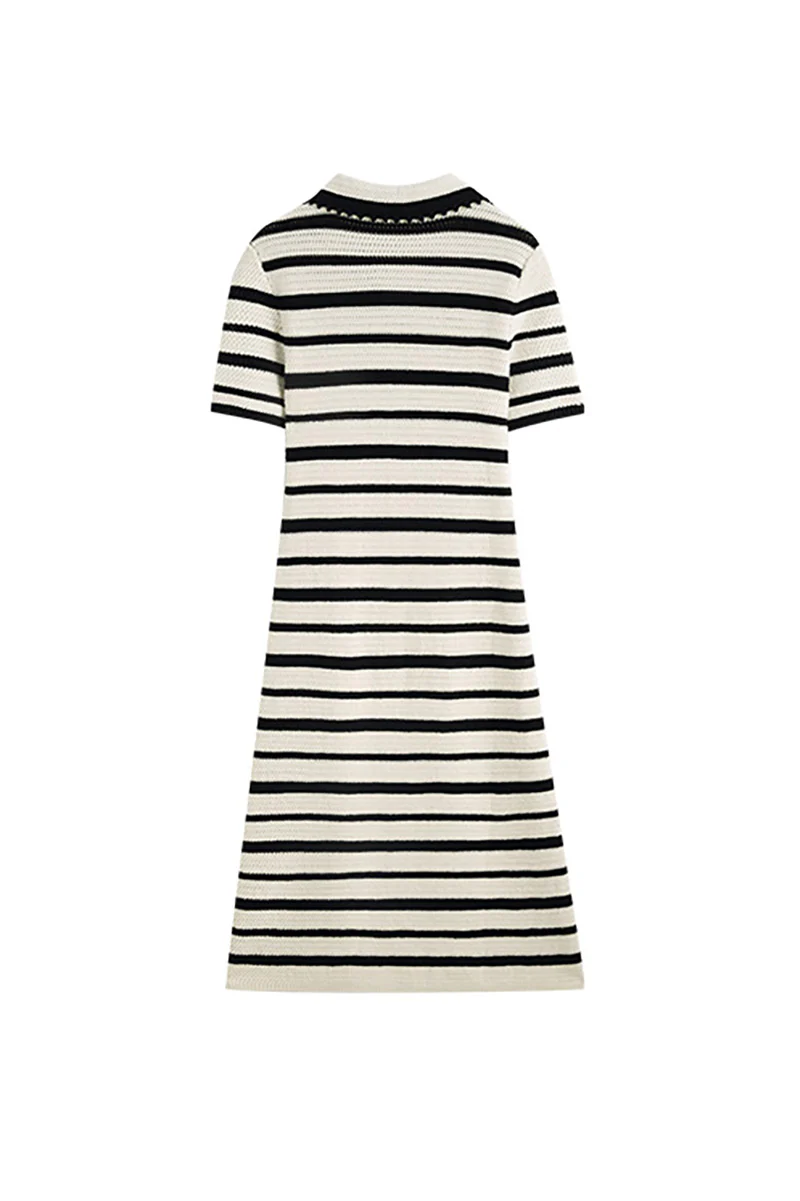 Crochet Black & White Striped Polo Midi Dress - HBQMJX