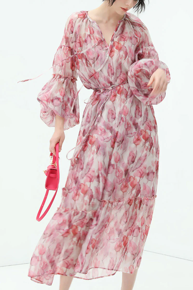 Boho Flower Balloon-Sleeve V-Neck Chiffon Maxi Dress with Underdress - HBQMJX