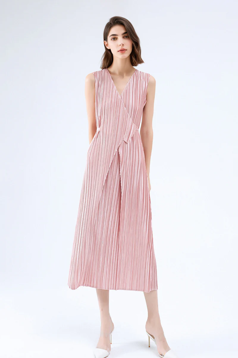 Designer Inspired Pleated Sleeveless Wrap Midi Dress in Pink - HBQMJX