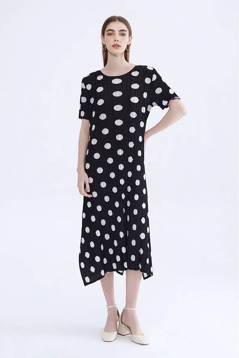 Designer Inspired Pleated Polka Dot Midi Dress - HBQMJX