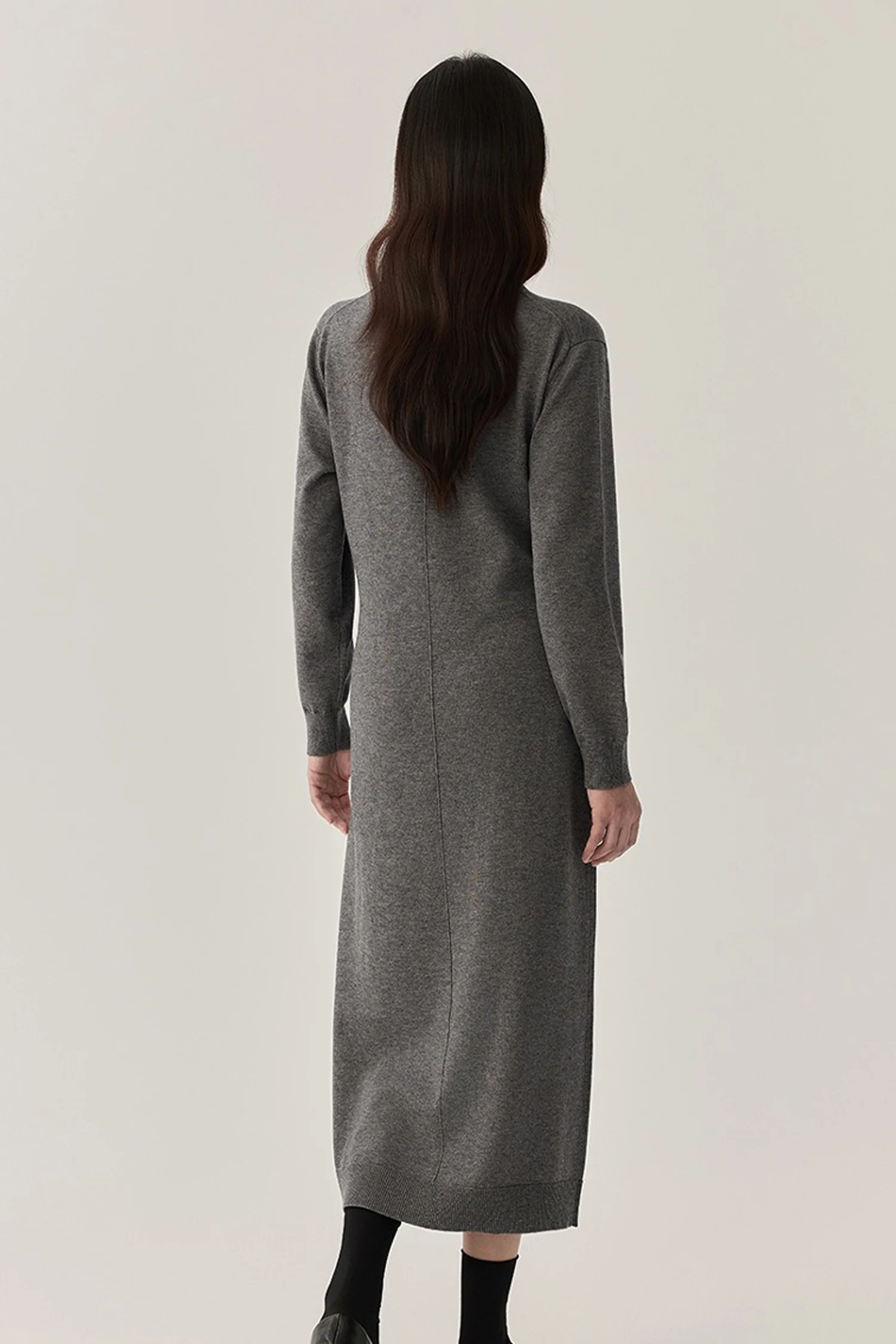Washable Wool Long Sleeve Tie-Waist Midi Sweater Dress - HBQMJX