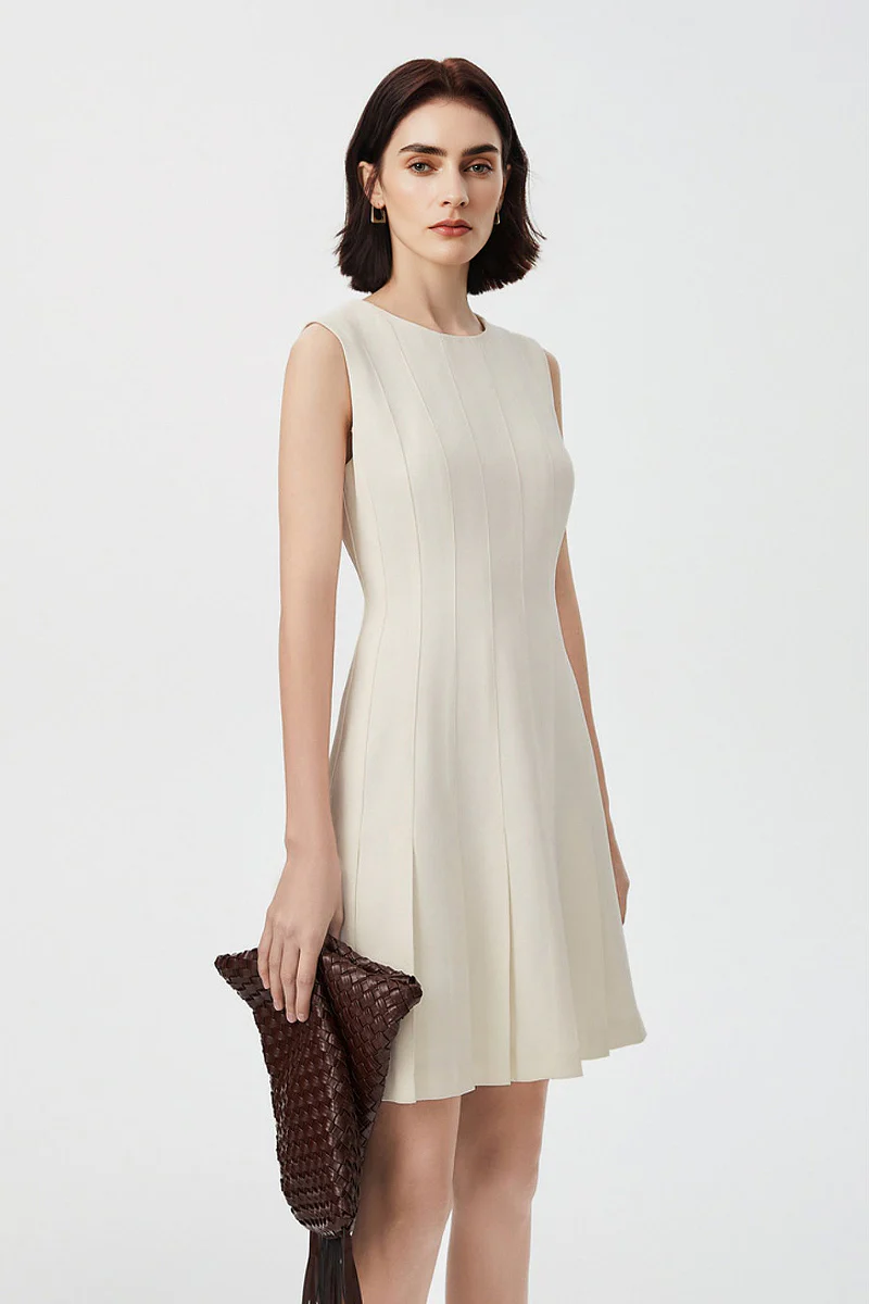 White Pleated Sleeveless A-Line Mini Dress in Triacetate - JIEEQQ