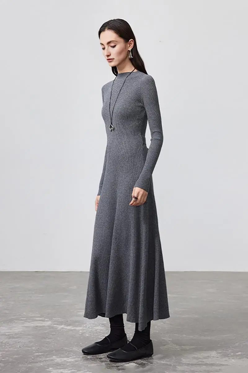 Machine Washable Merino Wool Fit & Flare Midi Sweater Dress with Belt - HBQMJX