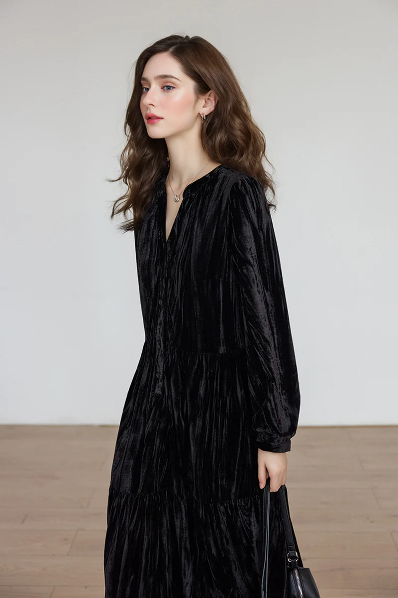 Tiered Long-Sleeve Button-Down A-Line Velvet Midi Dress - HBQMJX