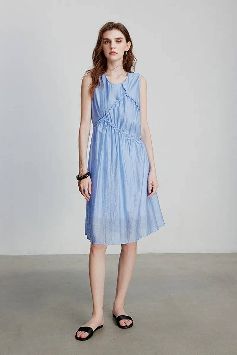 Light Blue Lyocell Sleeveless Ruffle-Detail Midi Dress - HBQMJX