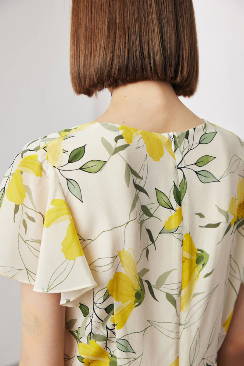 100 Mulberry Silk Floral Flutter-Sleeve V-Neck Ruffle Wrap Midi Dress - HBQMJX