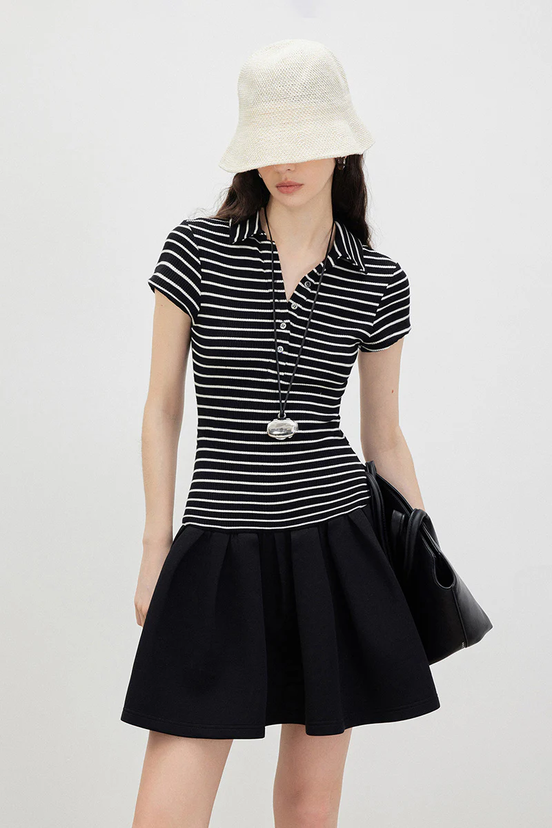 Black Polo-Neck Short-Sleeve Mini Dress in Stripe - HBQMJX